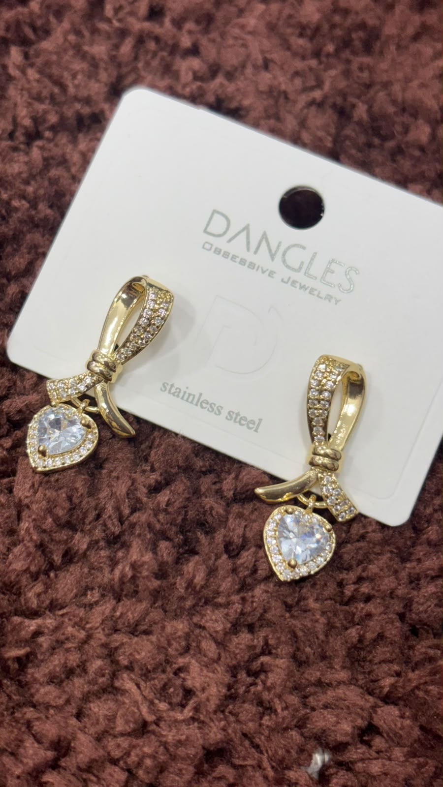 Anti-Tarnish Heart-Shaped Crystal Drop Bow Earrings