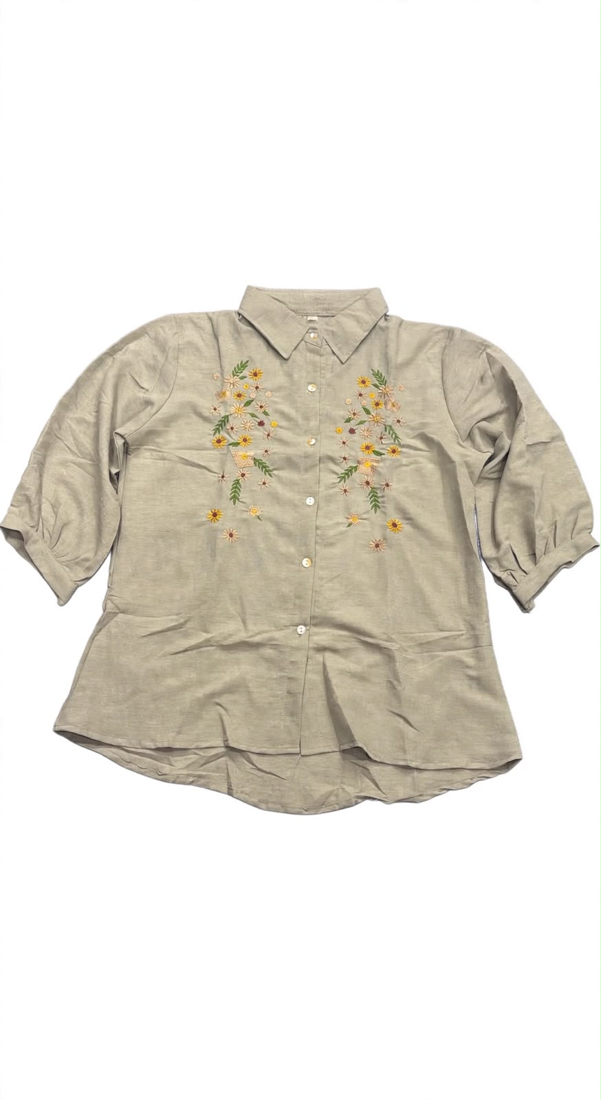 Woomn Floral Embroidered Linen Blend Shirt Type Top