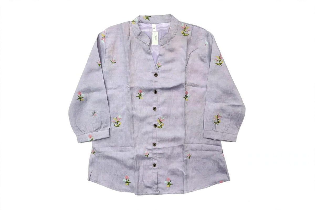 Pastel Lilac Embroidered Button-Down Tunic Top