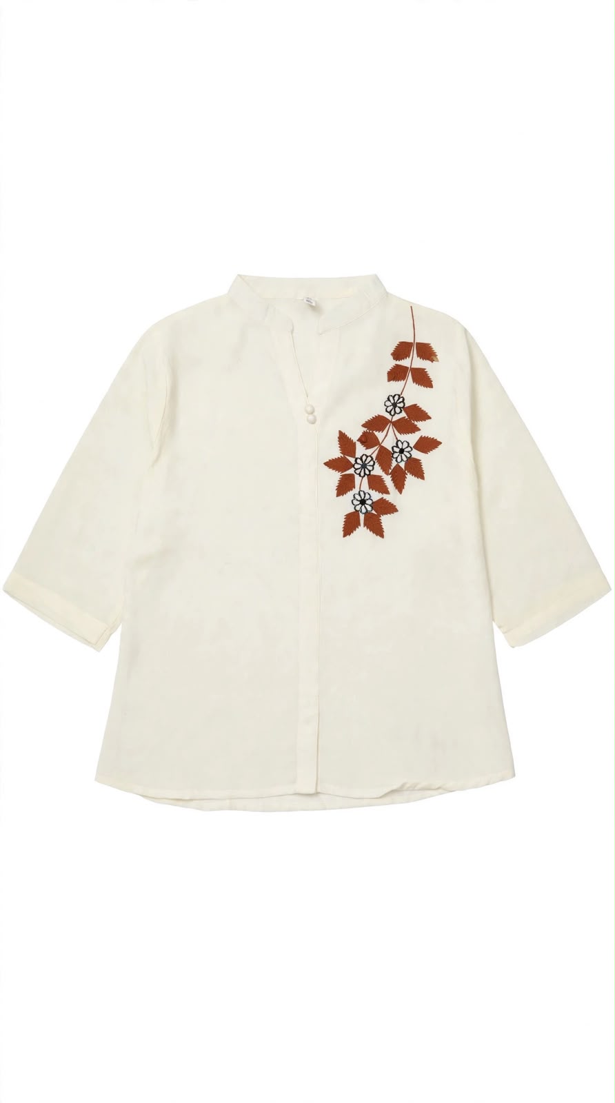 Women's Cotton Blend Floral Thread Embroidered Casual Top with Mandarin Collar and 3/4 Sleeves