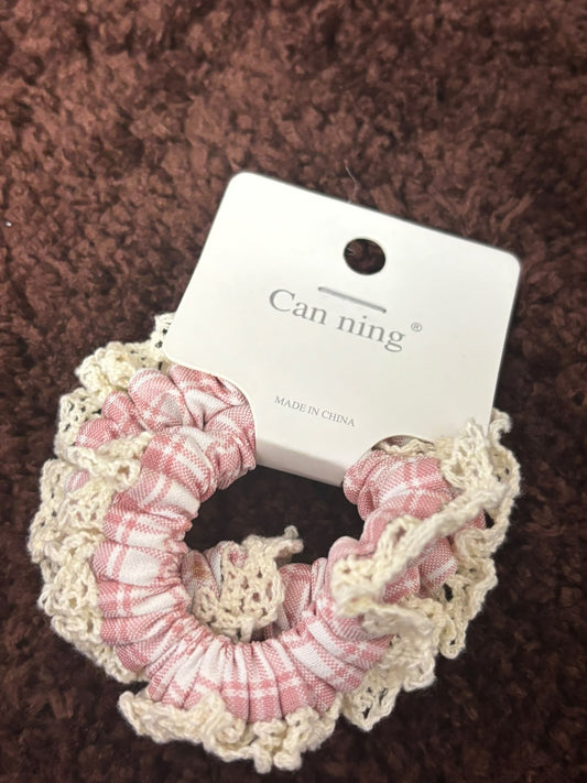 Pink Gingham Check Lace Scrunchies Combo-2Pc Set