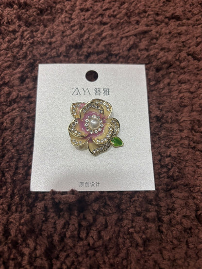 Enamel Camellia Saree Brooch Pin