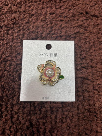 Enamel Camellia Saree Brooch Pin