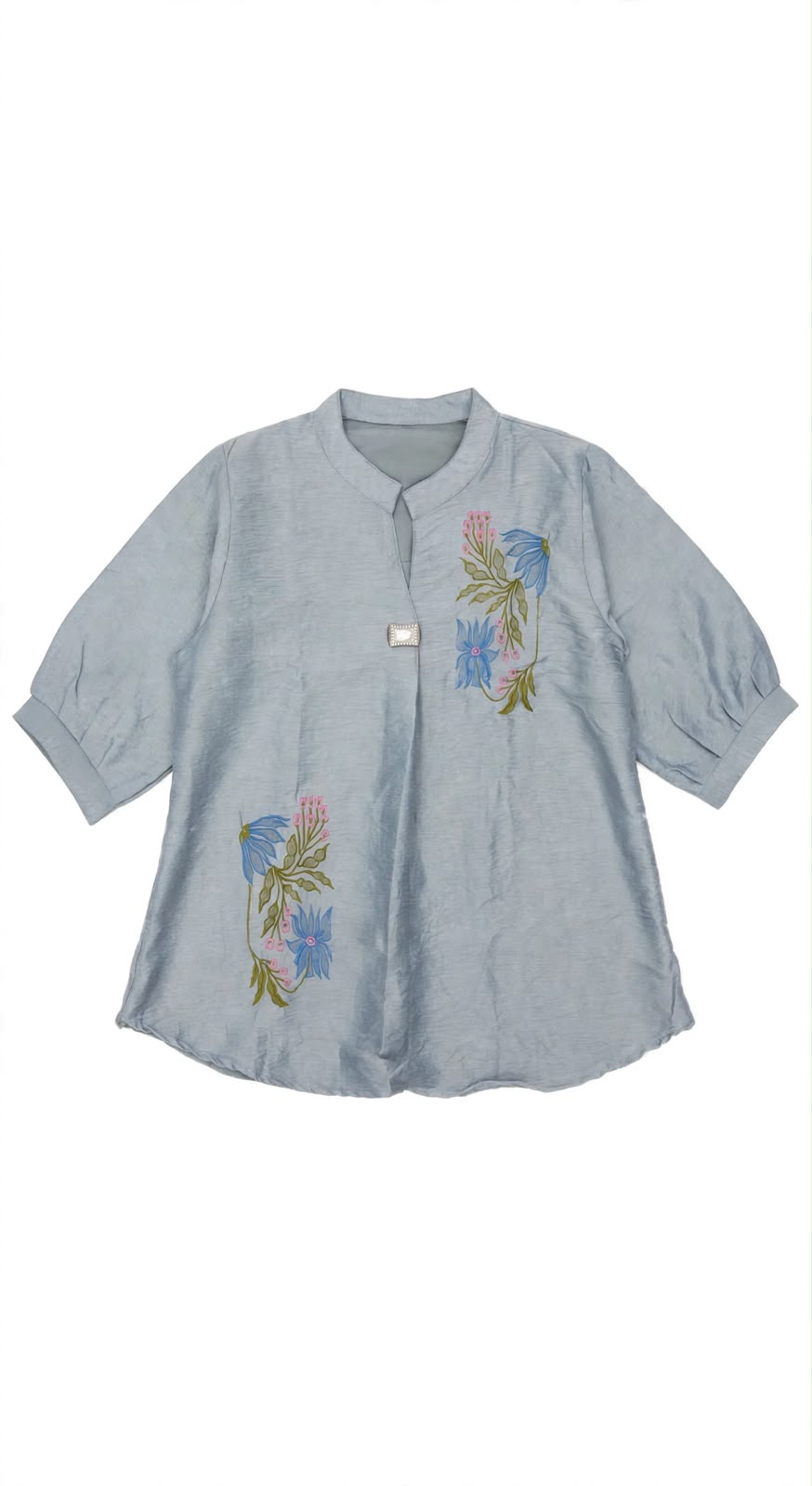 Floral Embroidered Mandarin Collar Tunic Top