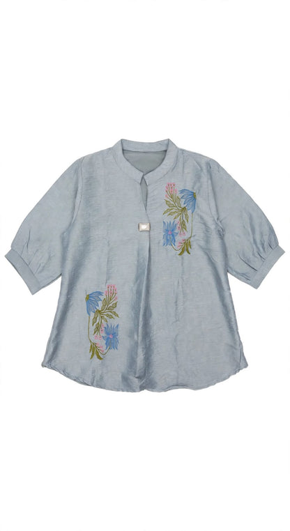 Floral Embroidered Mandarin Collar Tunic Top