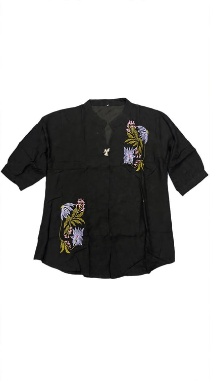 Floral Embroidered Mandarin Collar Tunic Top