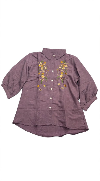 Woomn Floral Embroidered Linen Blend Shirt Type Top