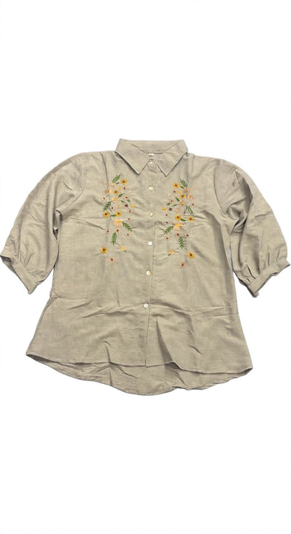 Woomn Floral Embroidered Linen Blend Shirt Type Top