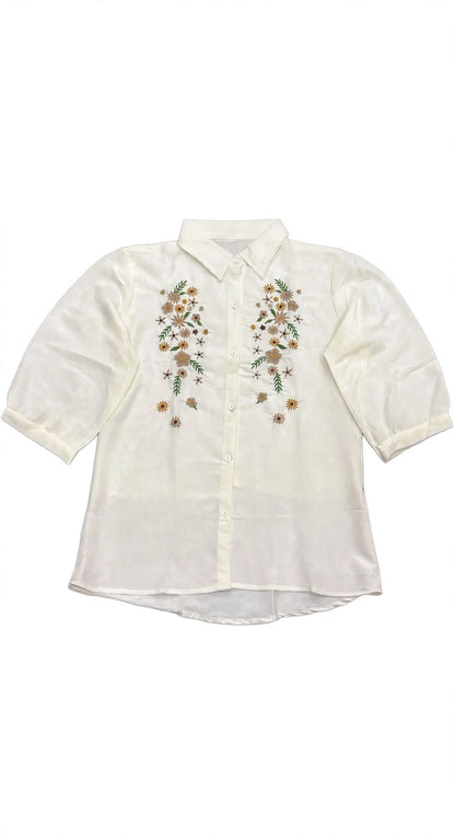 Woomn Floral Embroidered Linen Blend Shirt Type Top