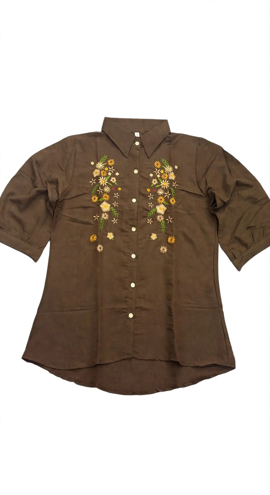 Woomn Floral Embroidered Linen Blend Shirt Type Top