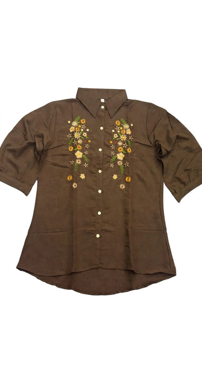 Woomn Floral Embroidered Linen Blend Shirt Type Top