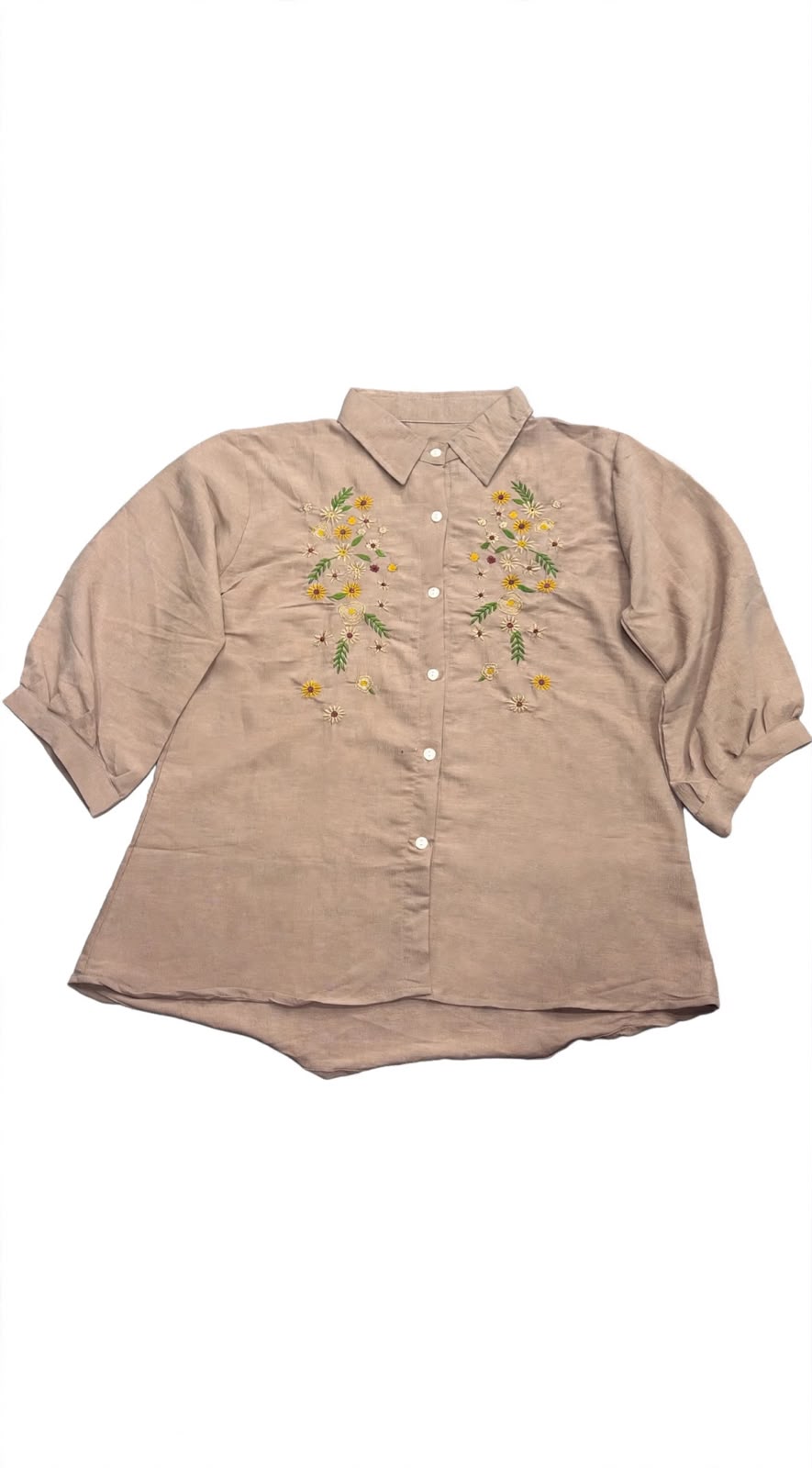 Woomn Floral Embroidered Linen Blend Shirt Type Top