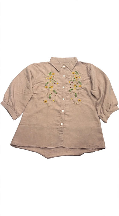 Woomn Floral Embroidered Linen Blend Shirt Type Top