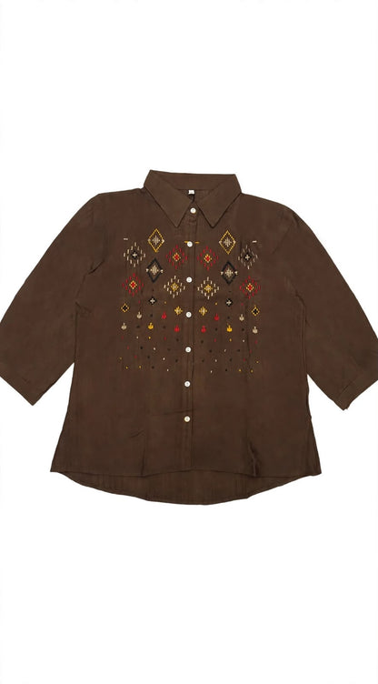 Women's Tribal Geometric Embroidered Button-Down Linen Top