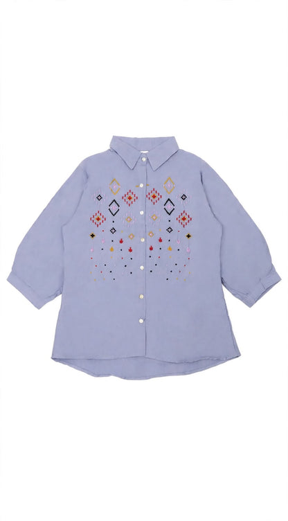 Women's Tribal Geometric Embroidered Button-Down Linen Top