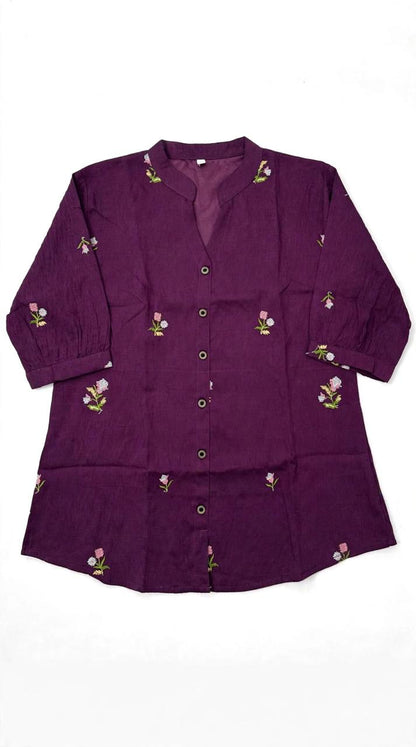 Pastel Lilac Embroidered Button-Down Tunic Top