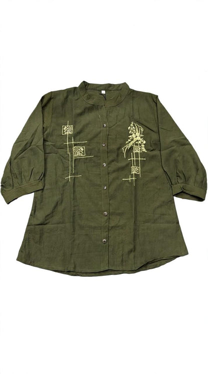 Akkriti by Pantaloons Women Olive Embroidered Tunic Shirt