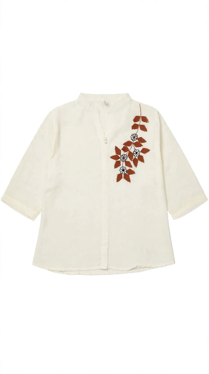 Women's Cotton Blend Floral Thread Embroidered Casual Top with Mandarin Collar and 3/4 Sleeves