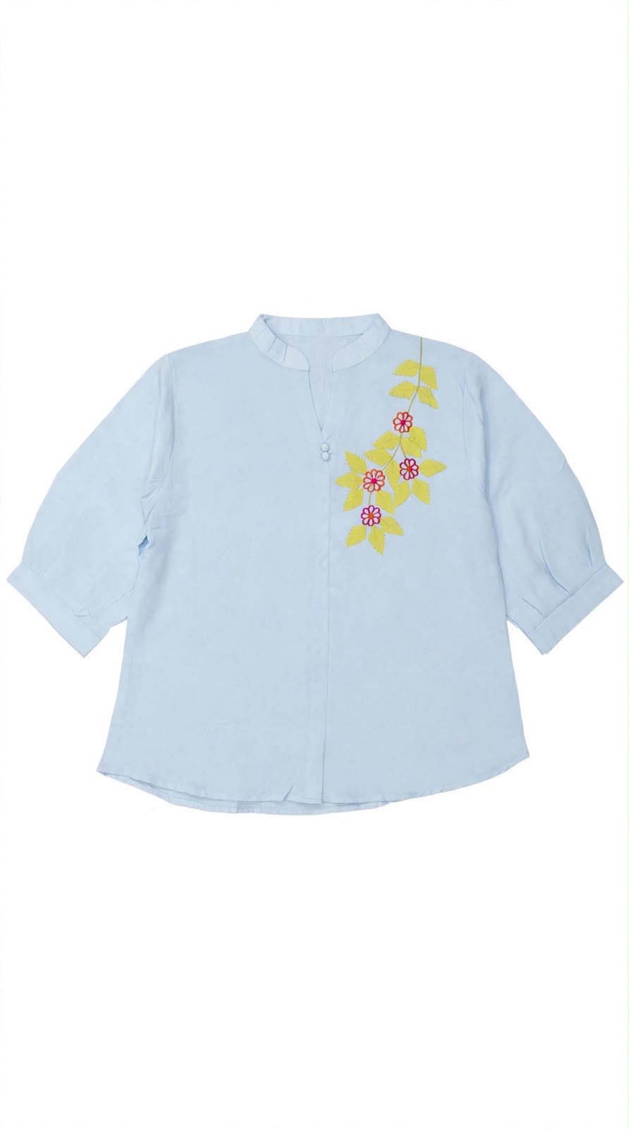 Women's Cotton Blend Floral Thread Embroidered Casual Top with Mandarin Collar and 3/4 Sleeves