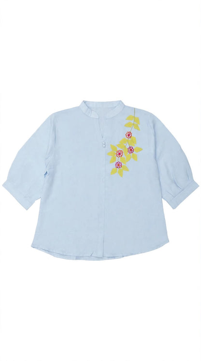 Women's Cotton Blend Floral Thread Embroidered Casual Top with Mandarin Collar and 3/4 Sleeves