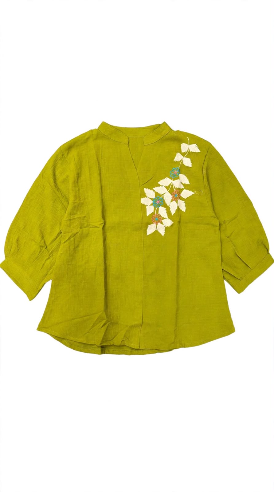 Women's Cotton Blend Floral Thread Embroidered Casual Top with Mandarin Collar and 3/4 Sleeves