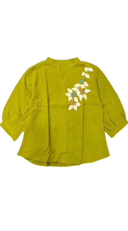 Women's Cotton Blend Floral Thread Embroidered Casual Top with Mandarin Collar and 3/4 Sleeves