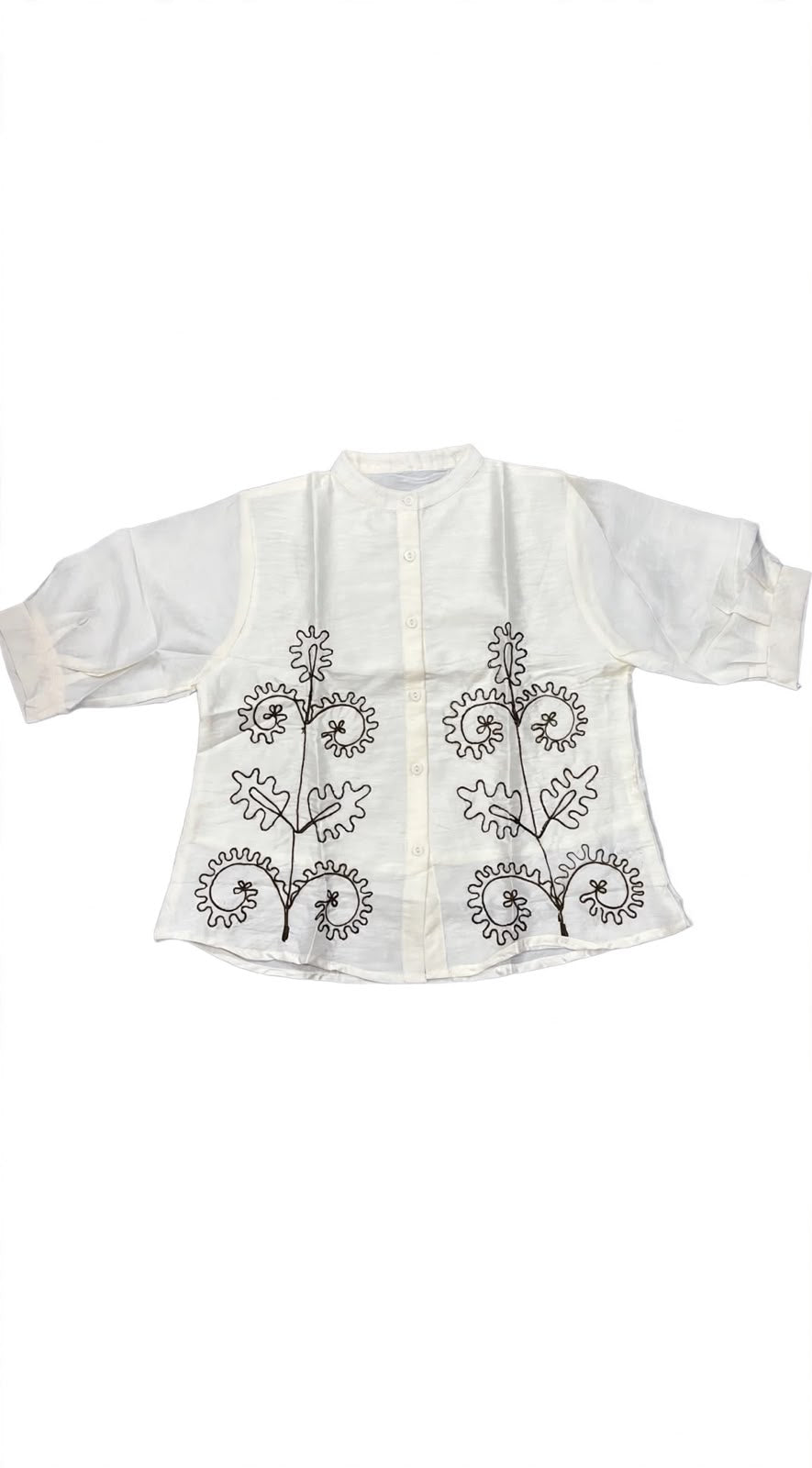 Mandarin Collar Floral Chain-Stitch Embroidered Shirt
