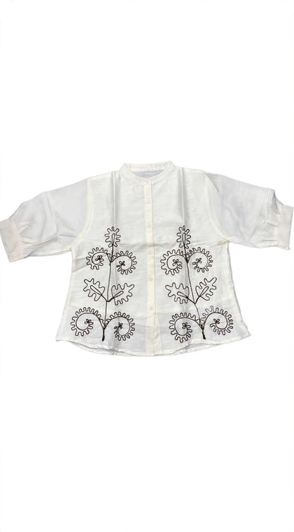 Mandarin Collar Floral Chain-Stitch Embroidered Shirt