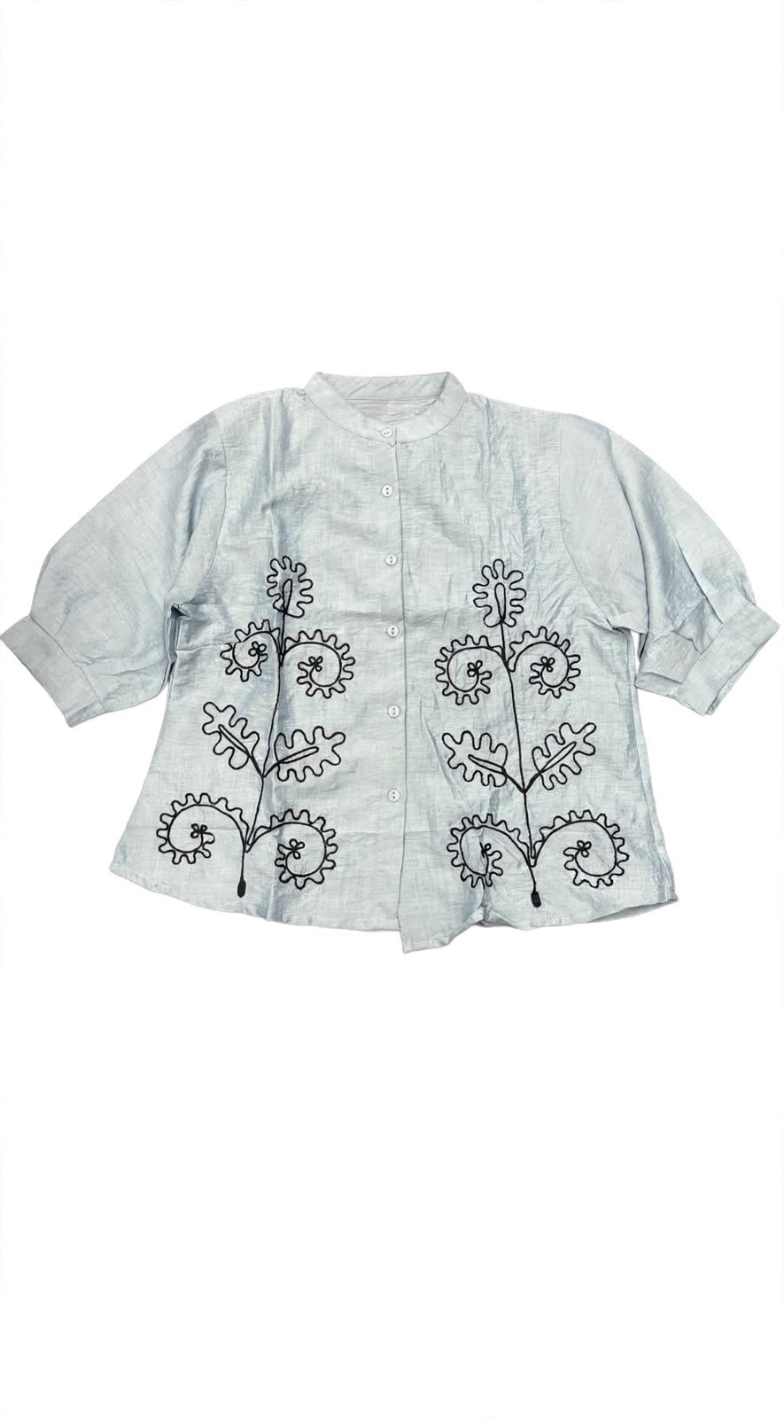 Mandarin Collar Floral Chain-Stitch Embroidered Shirt