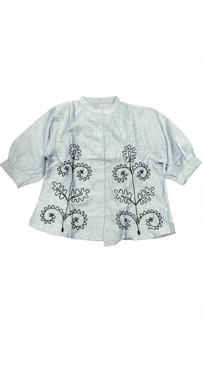 Mandarin Collar Floral Chain-Stitch Embroidered Shirt
