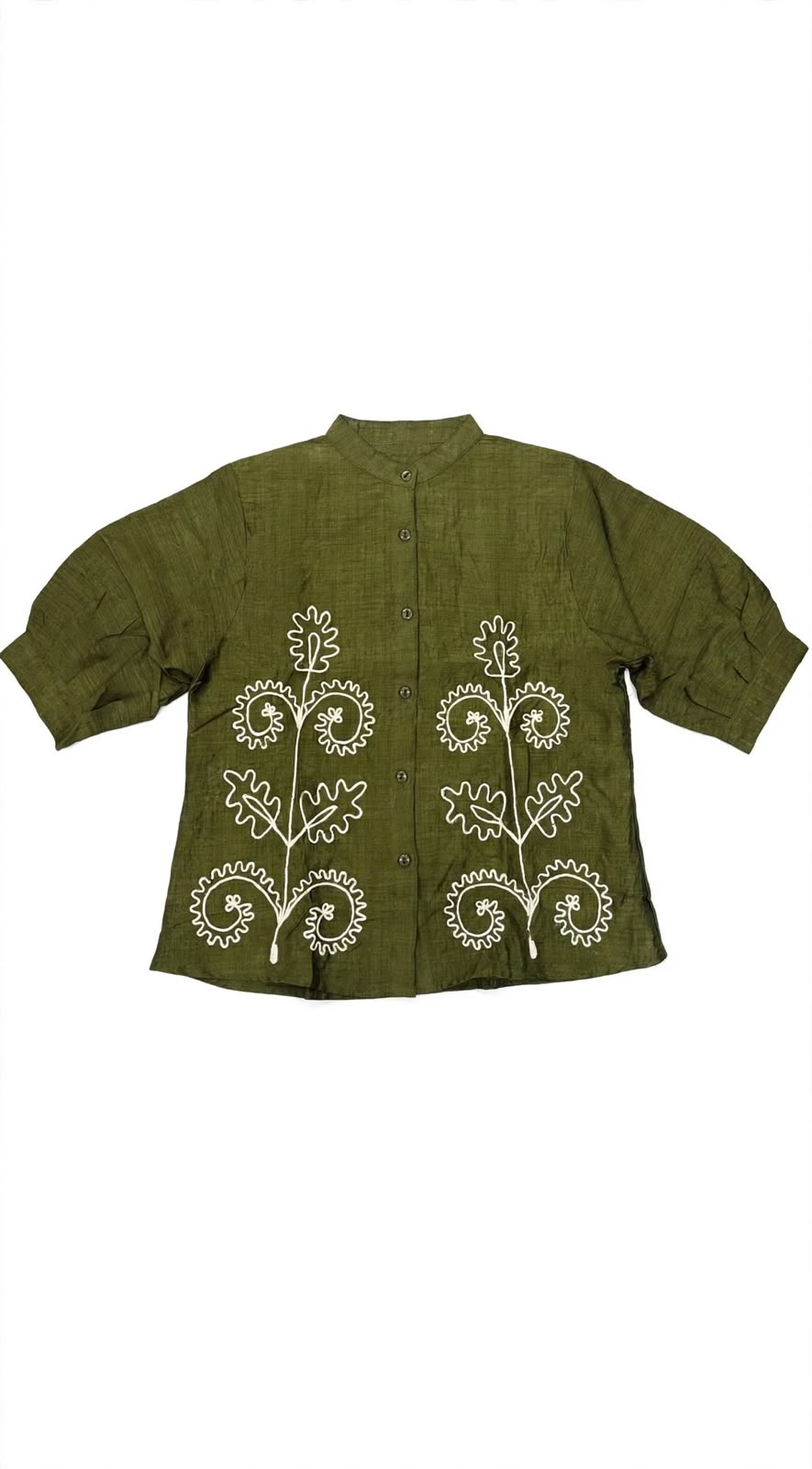 Mandarin Collar Floral Chain-Stitch Embroidered Shirt