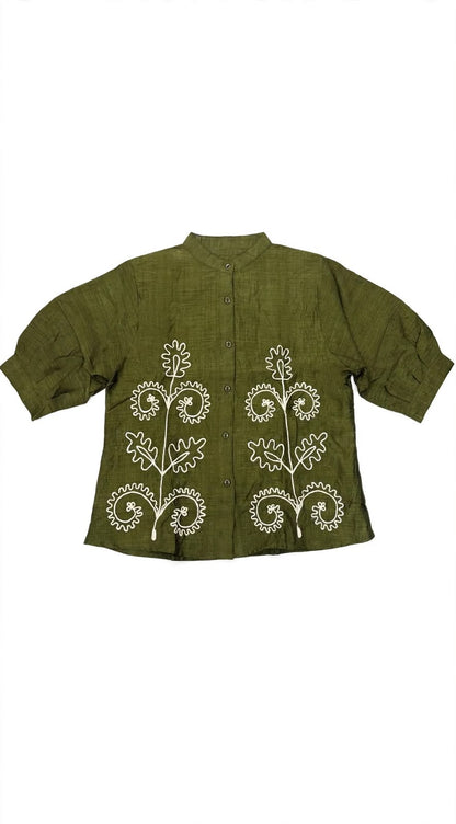 Mandarin Collar Floral Chain-Stitch Embroidered Shirt